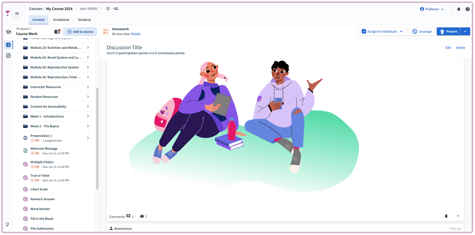 A rendered discussion reply showing a full-width image displayed within the student's post.