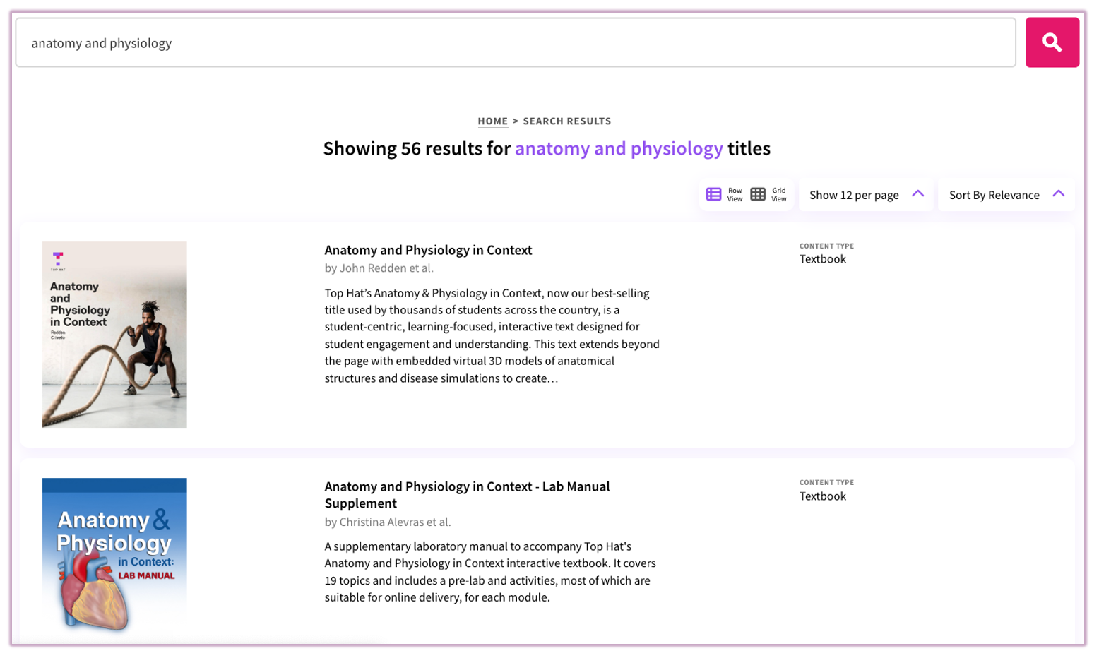 The Catalog search results page showing filtering options for discipline and content type.