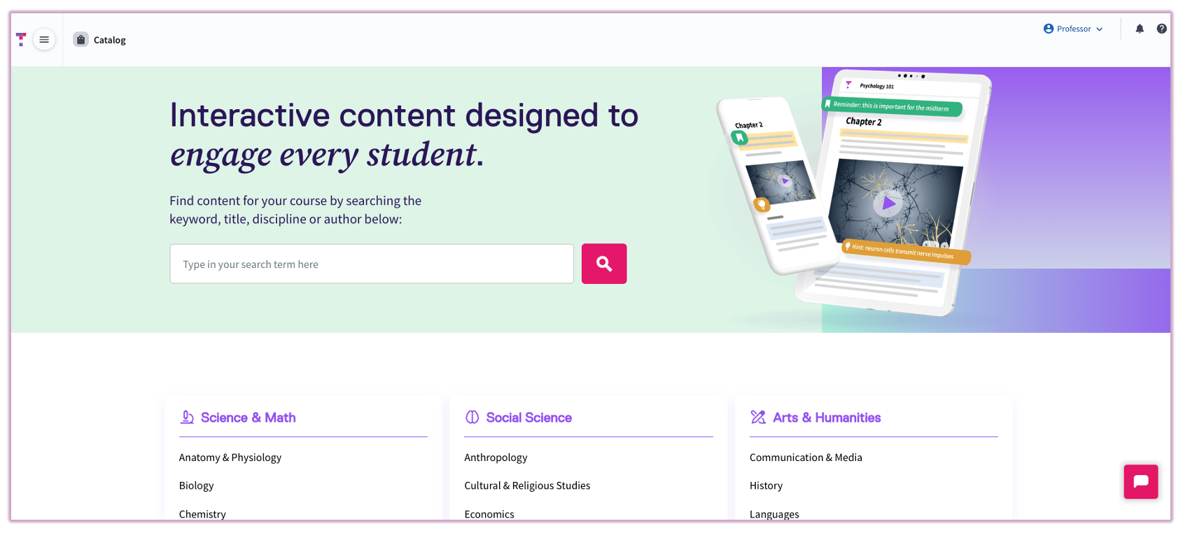 The Top Hat Catalog homepage showing various subject categories and the search bar.