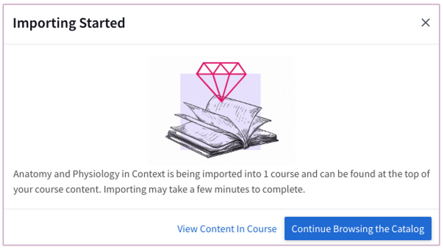 A modal showing the progress of the content import process.