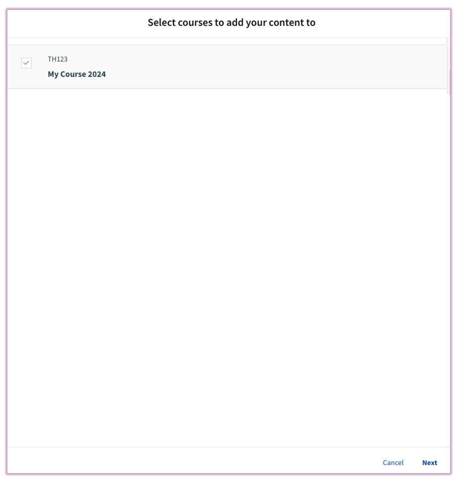 The course selection modal where educators can check off multiple courses for import.