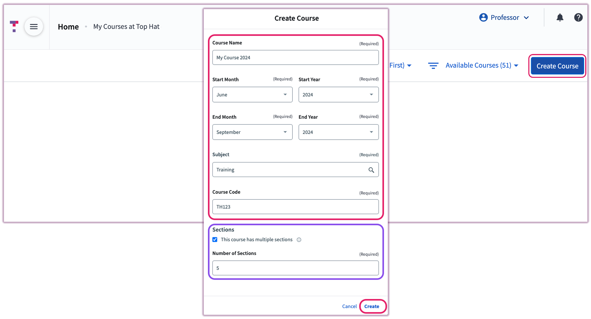 The Create Course interface showing fields for Course Name, Course ID, and Subject.