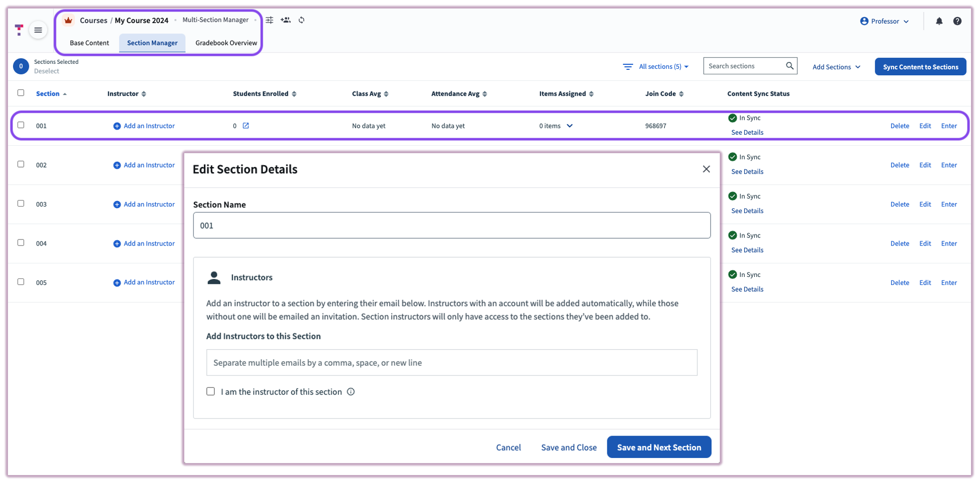 The MSM Section Manager interface for editing individual section details like instructor and student count.