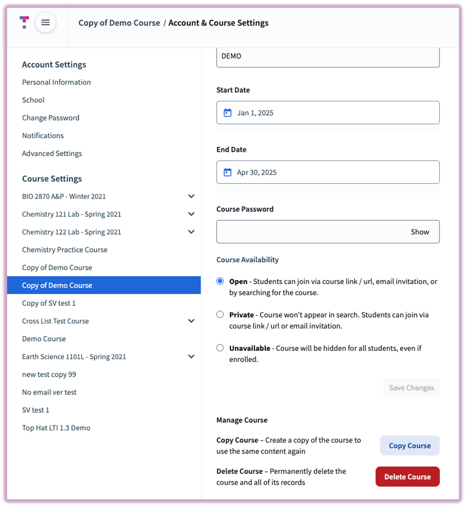The Copy Course button located at the bottom of the General Settings menu.