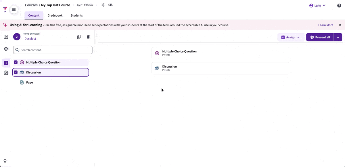 GIF demonstrating the workflow for copying a folder into a different Top Hat course.
