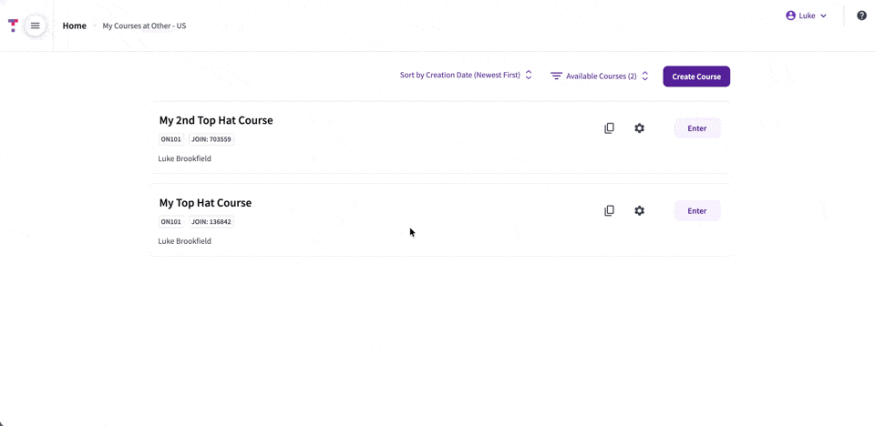 GIF showing the user clicking the copy icon on a course tile in the lobby to clone it.