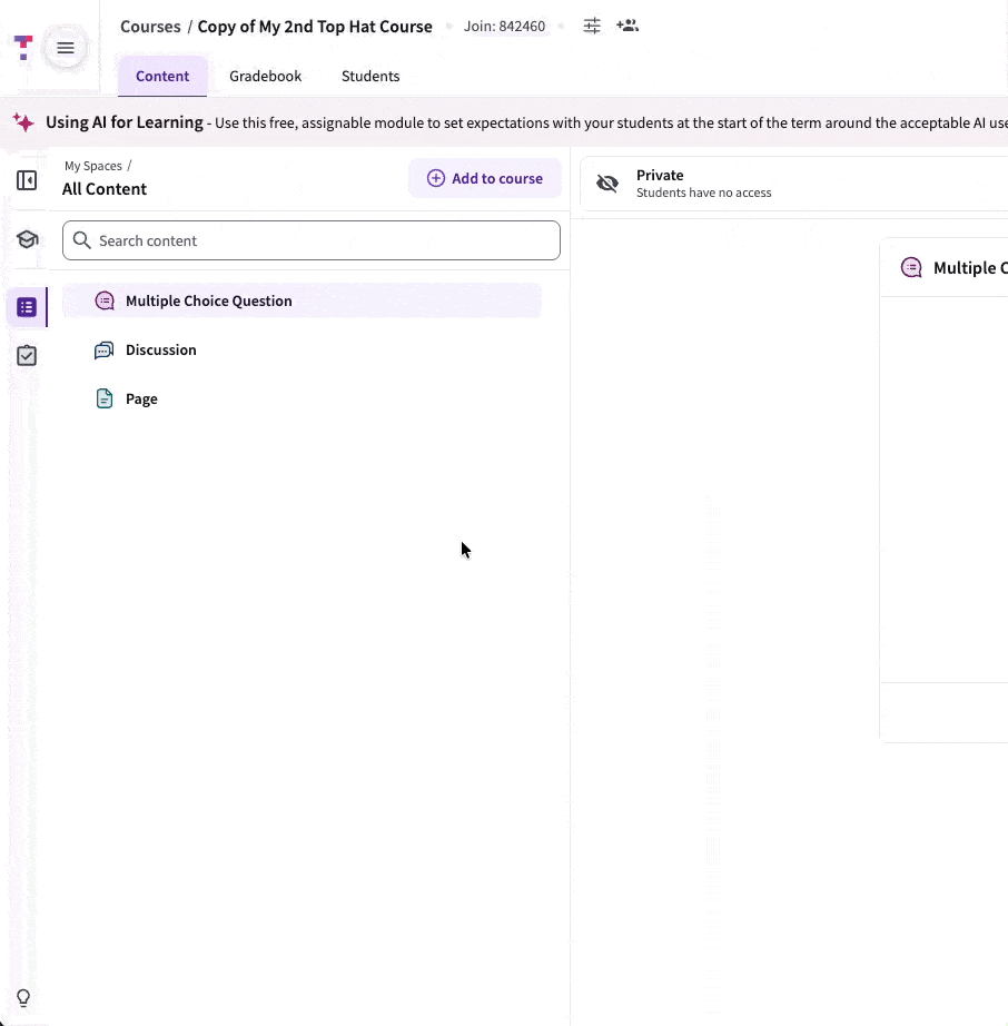 GIF showing the user clicking 'Add to Course' and selecting content types like Pages and Folders.