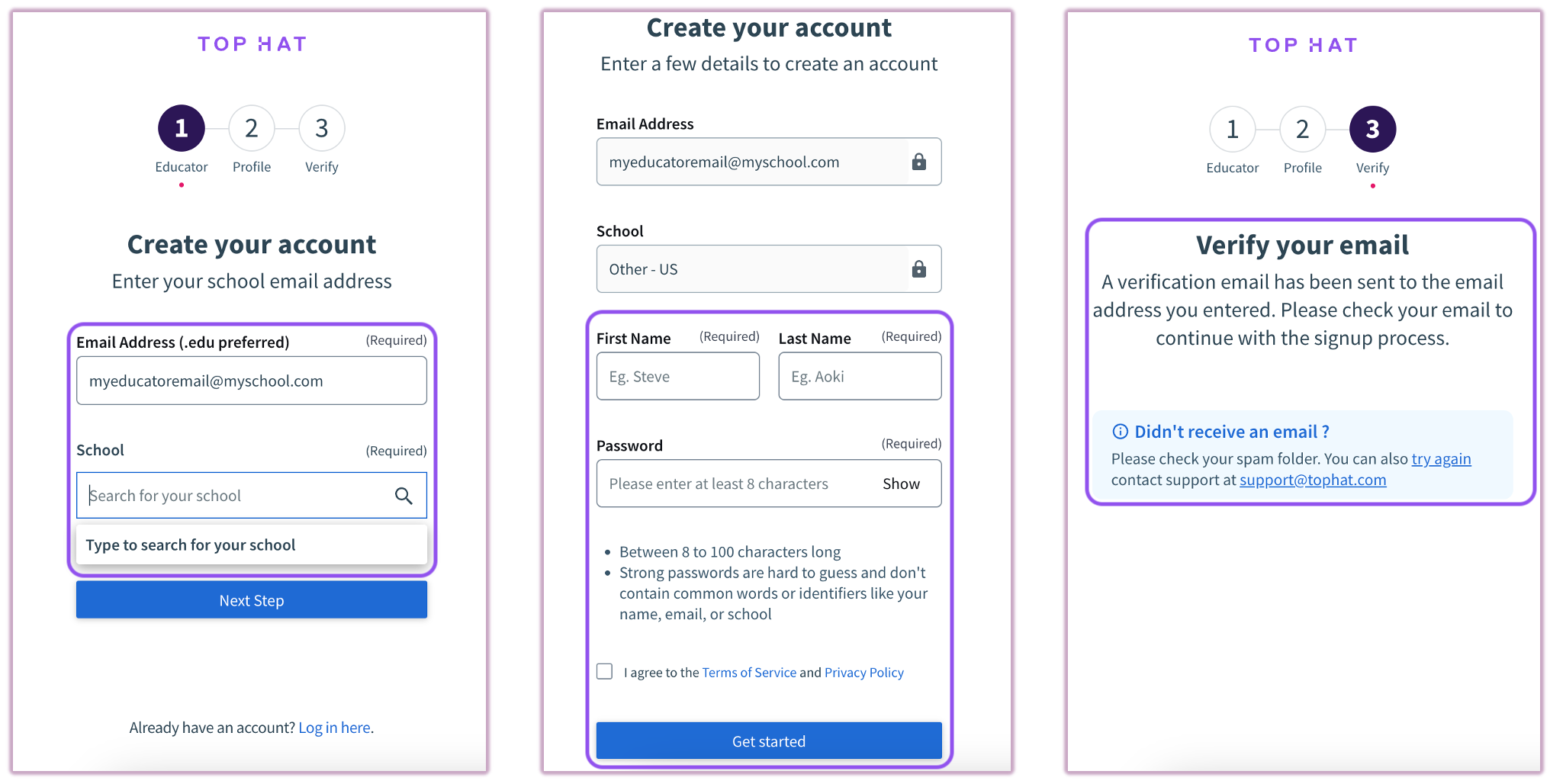 The account information form where educators enter their name, password, and agree to terms.