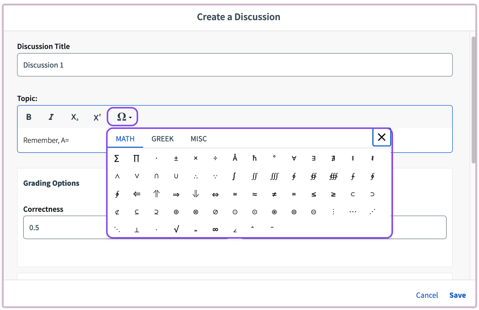 The symbol selector menu open in the Classic Question Builder, showing various mathematical and Greek characters.
