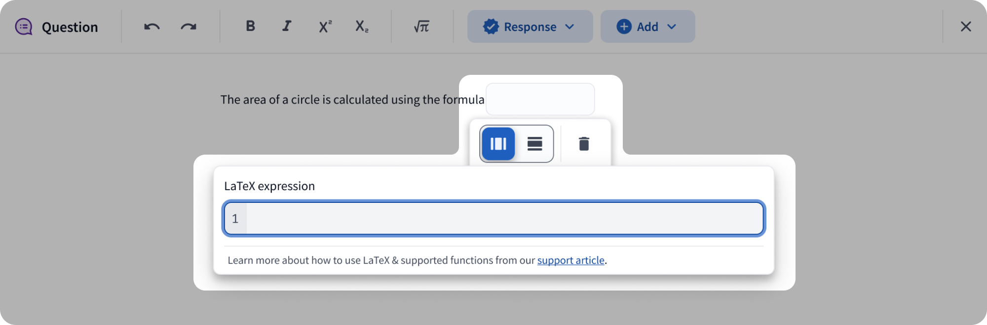 A blank LaTeX block with an active cursor waiting for input within the question text area.