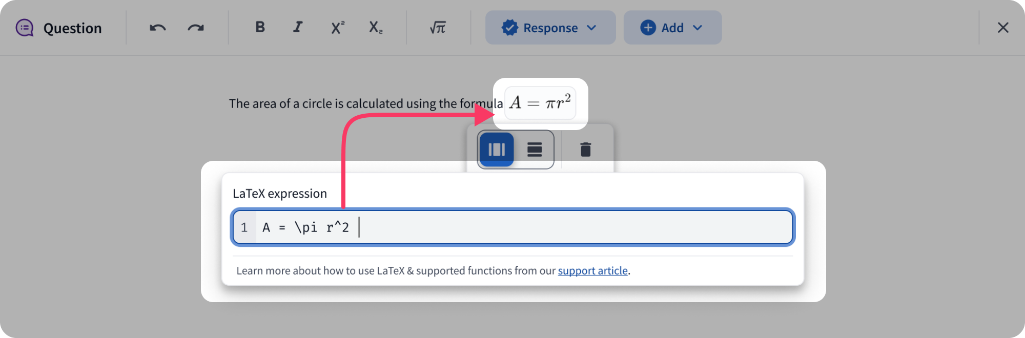 The LaTeX code editor showing the markup for a complex fraction and the real-time preview above it.