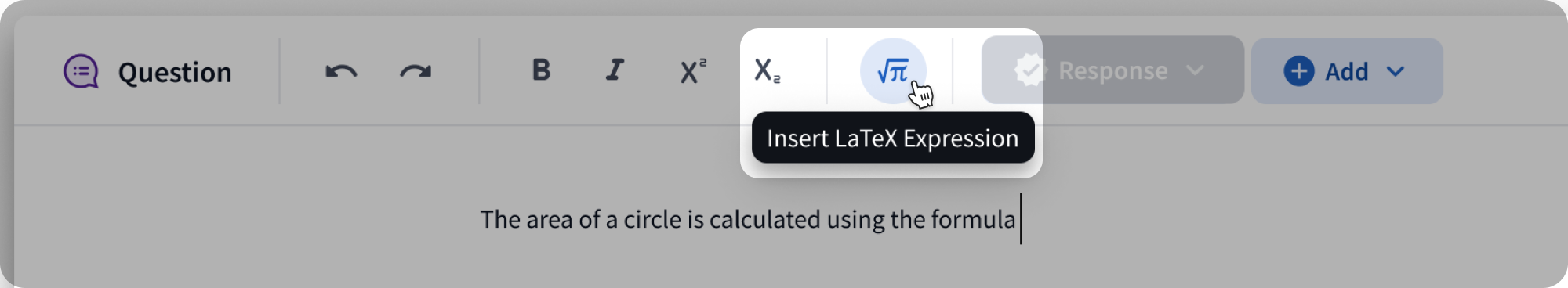 The New Question Builder toolbar with the square root 'Insert LaTeX' button highlighted.