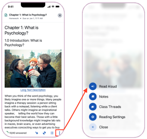 Mobile app interface highlighting the Read Aloud play icon in the bottom toolbar.