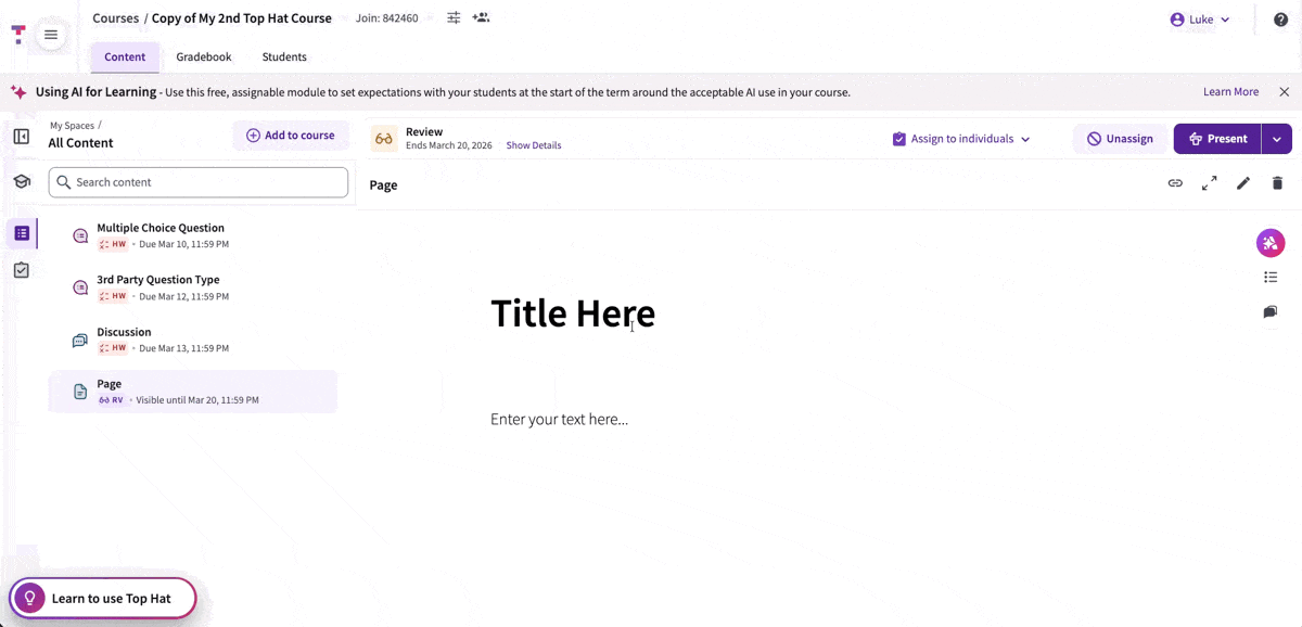 Animation showing the user clicking 'Add to Course', selecting 'New Folder', and naming the folder.