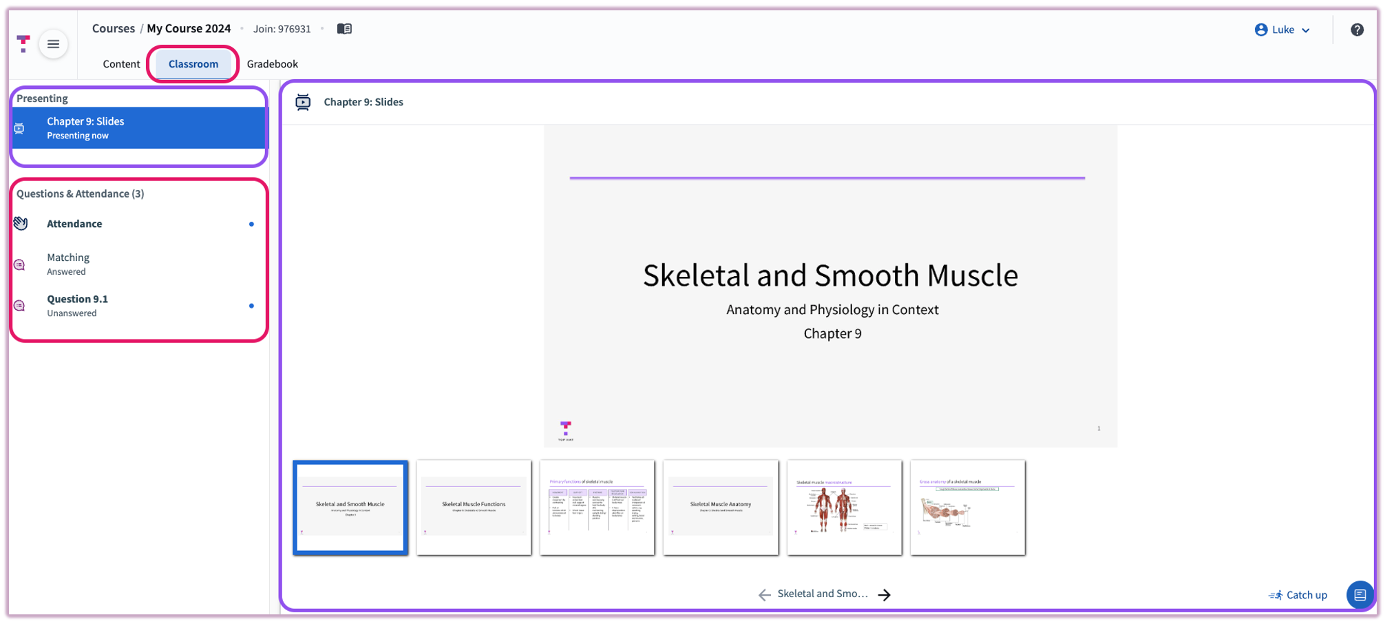 A screenshot of the Top Hat web interface highlighting the Classroom tab and the side-by-side view of slides and questions.