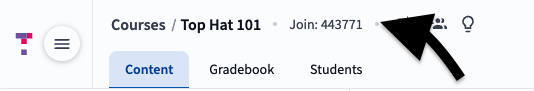 A browser address bar showing a Top Hat course URL with an arrow pointing to the 6-digit Join Code at the end of the link.