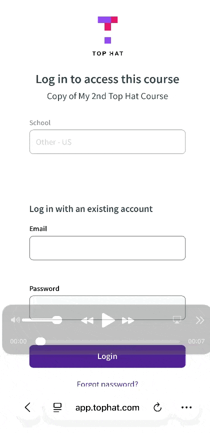Animated GIF showing a user opening a mobile browser, entering the course URL, and selecting guest access to join the session.