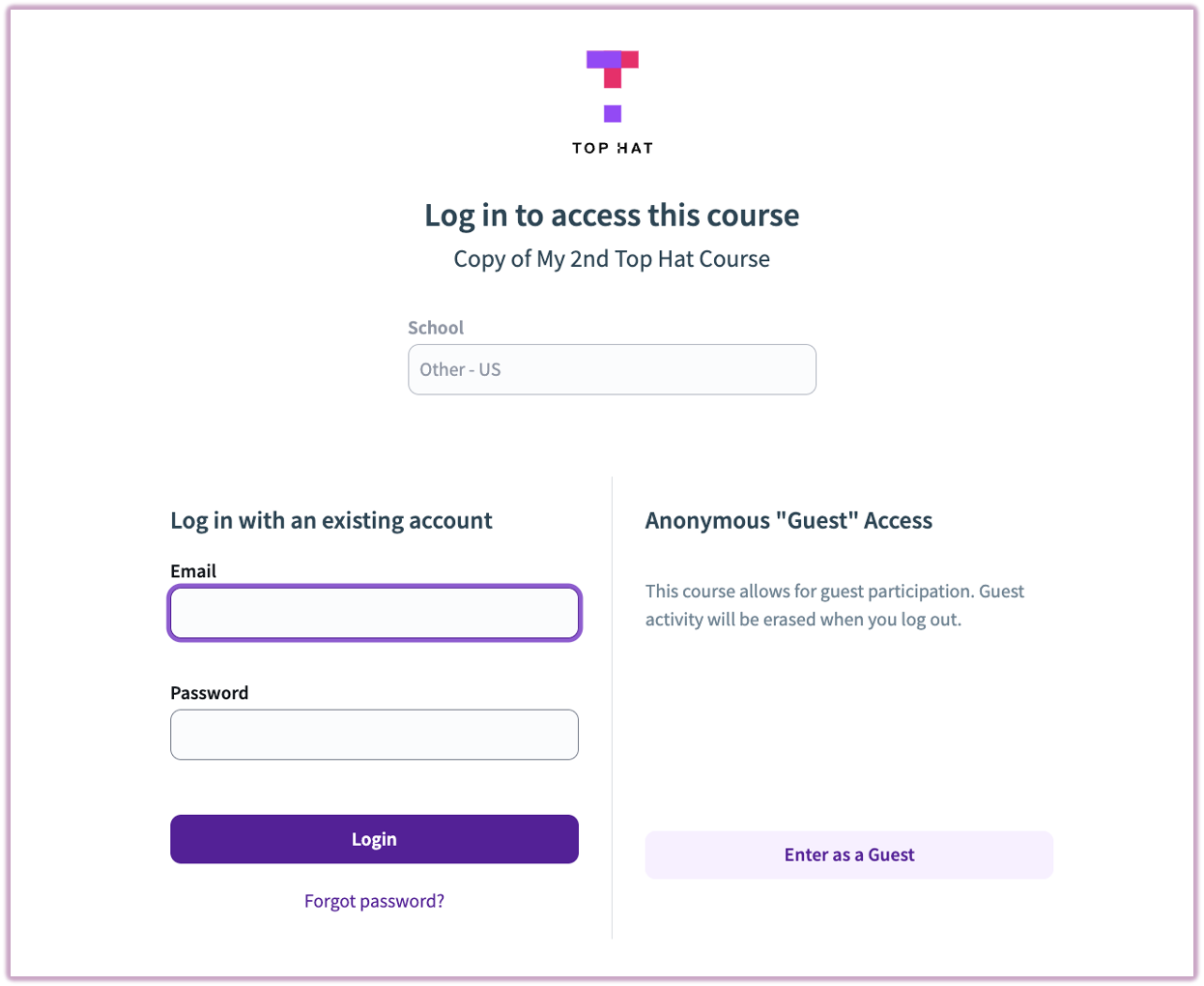 The Top Hat login screen for a course, featuring a clear 'Enter as a Guest' button highlighted by an arrow.