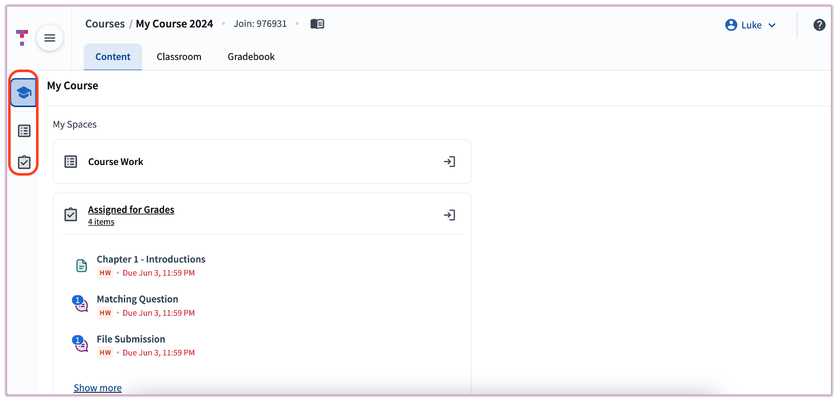 The Spaces navigation tab in a web browser showing the three distinct icons for My Course, Course Work, and Assigned for Grades.