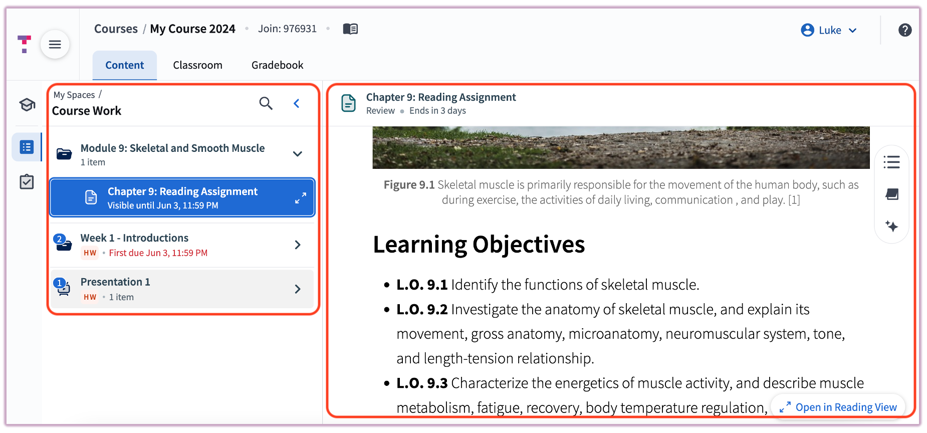 Course Work view with a textbook chapter open and the sidebar navigation visible.