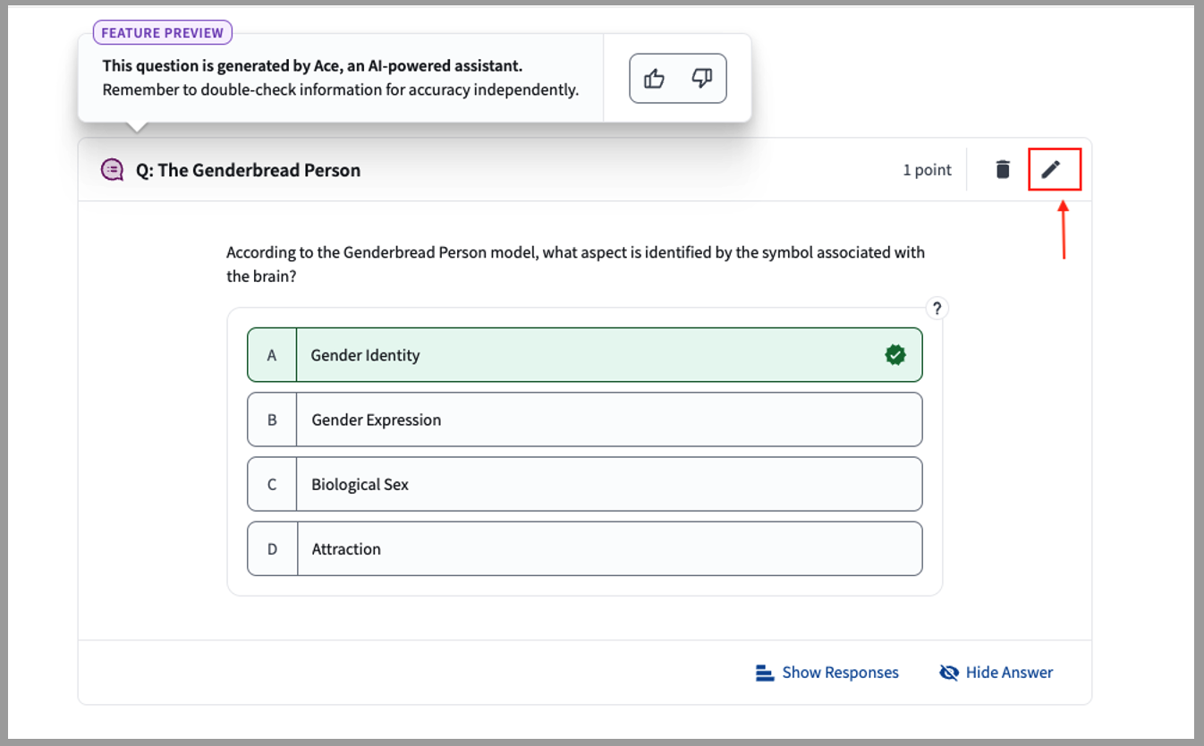 [Top Hat preview panel highlighting the Edit icon next to a generated question]