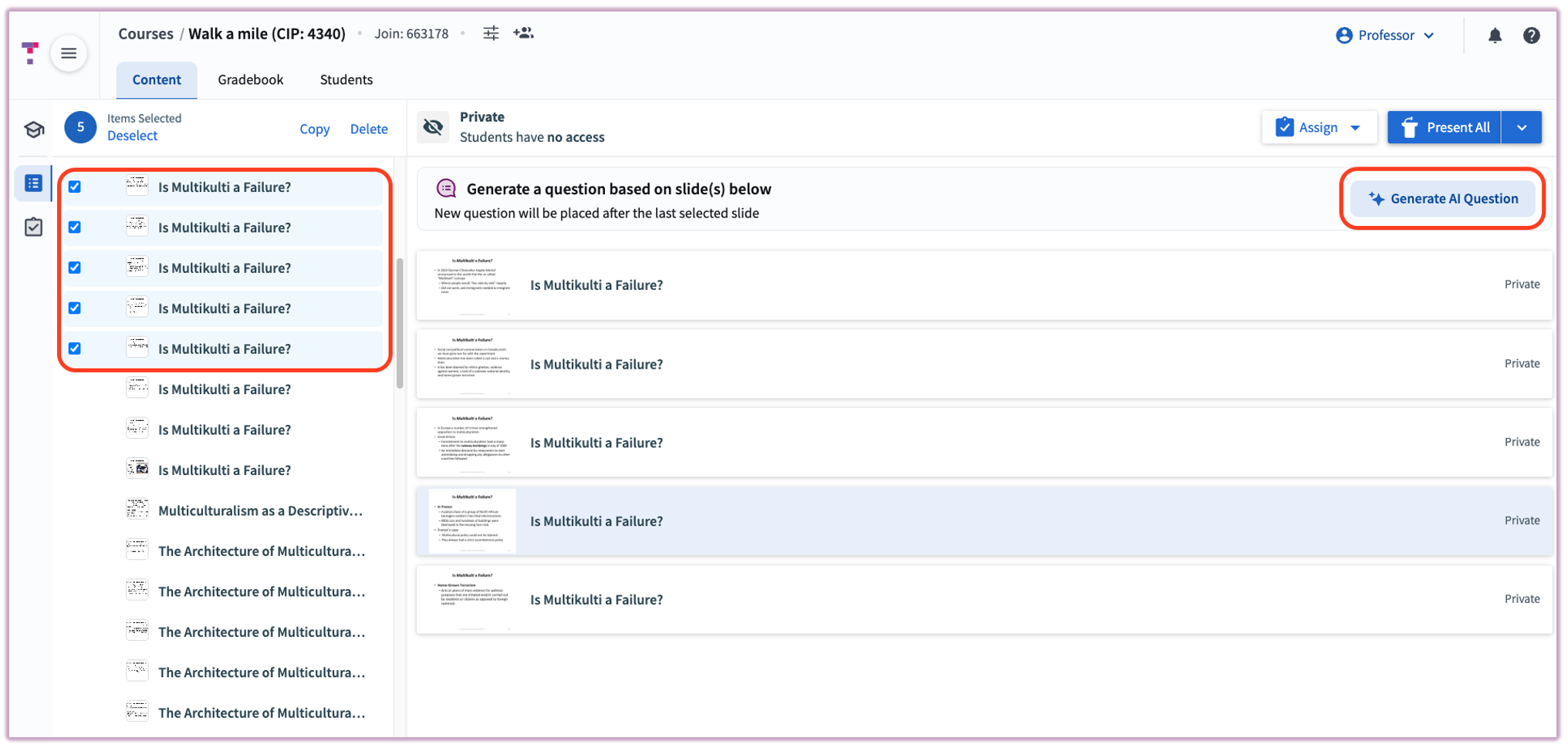 [Top Hat content tree showing multiple slides selected, with the Generate AI Question button highlighted]