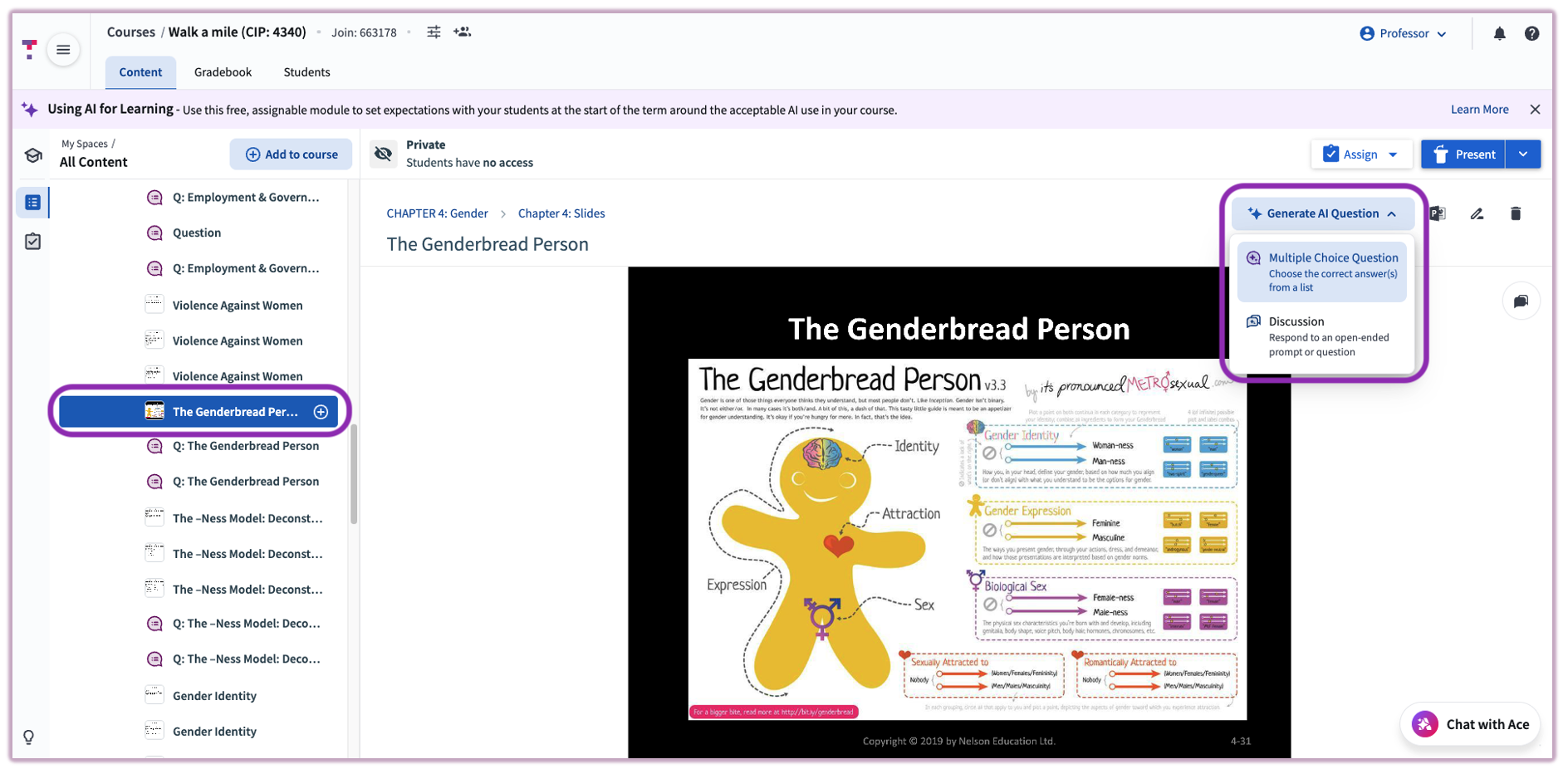 [Top Hat slide preview panel highlighting the Generate AI Question button]