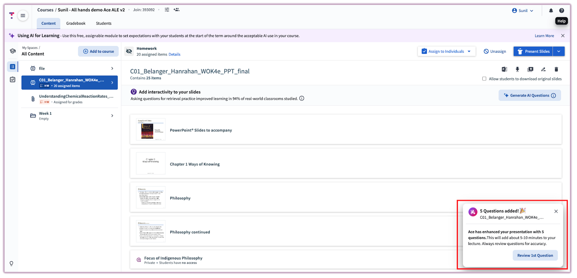 [Modal indicating Slide Enhancer has completed processing 14 slides and generated 3 questions]