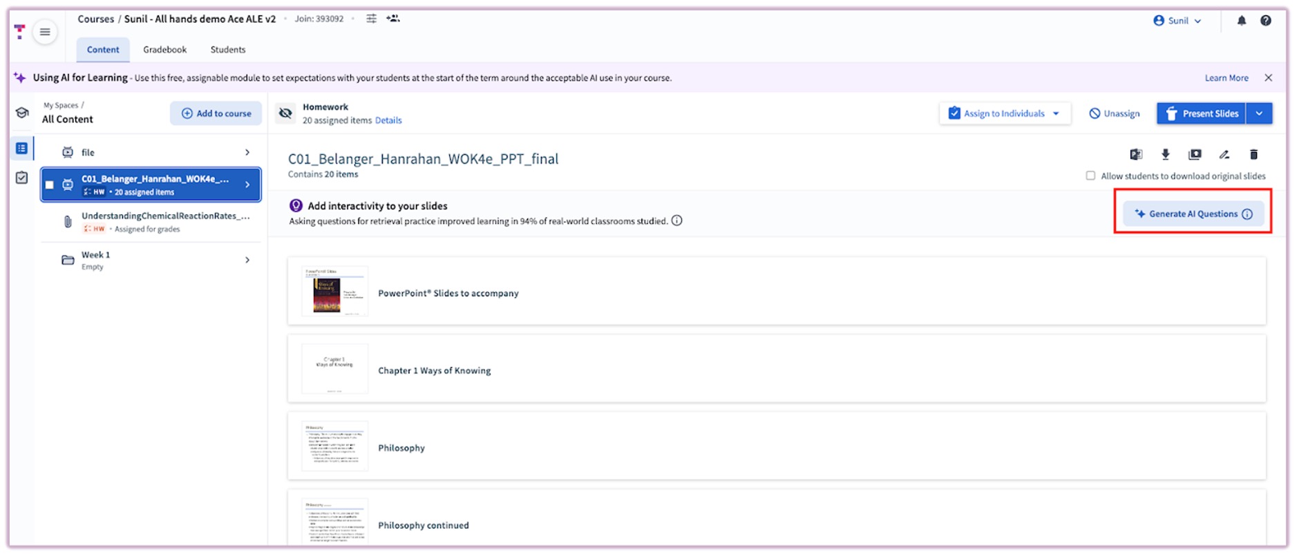 [Top Hat preview panel highlighting the Generate AI Questions button above an existing slide deck]