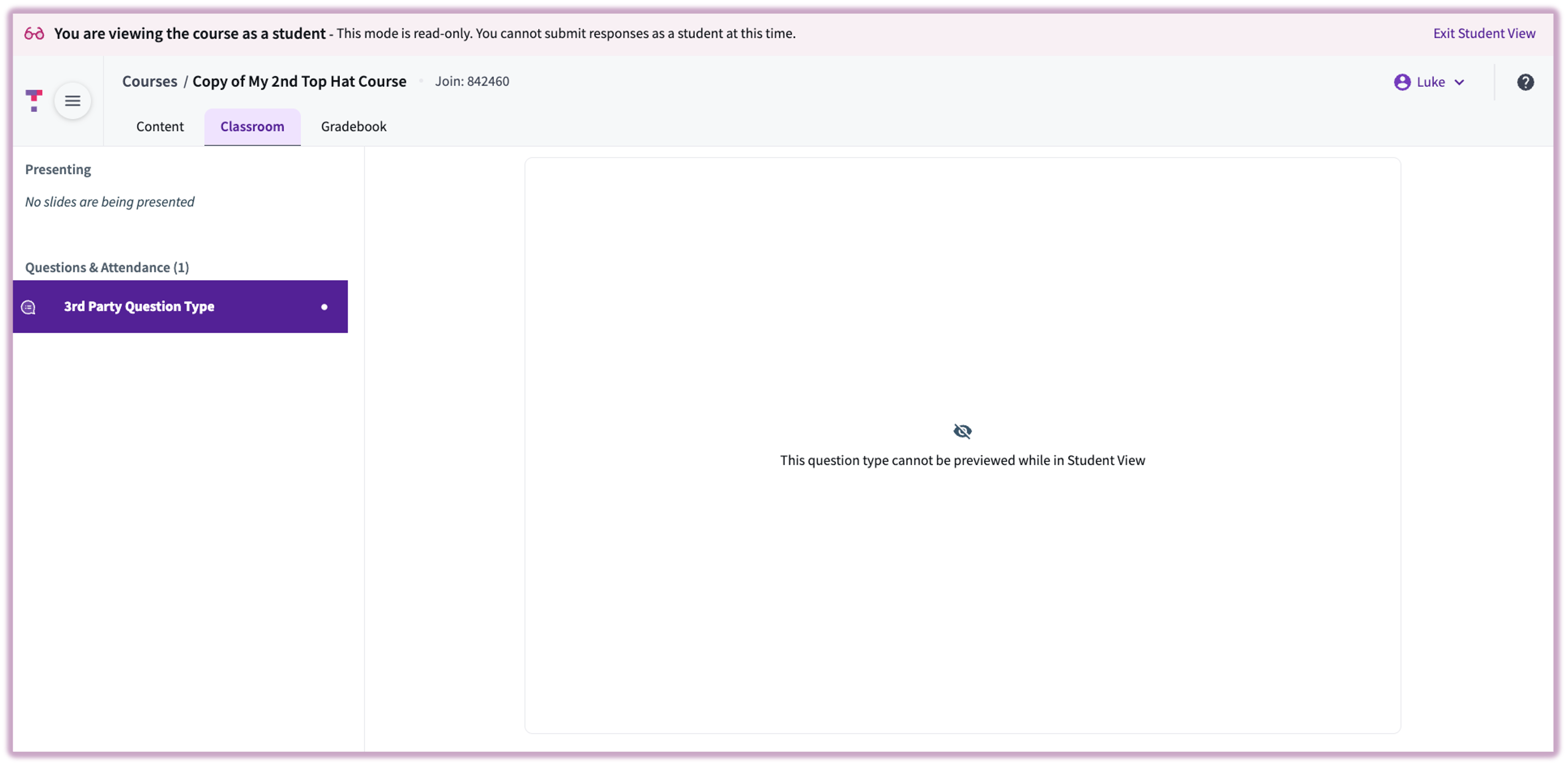 [Student view showing a 'Content not available' message for third-party questions]