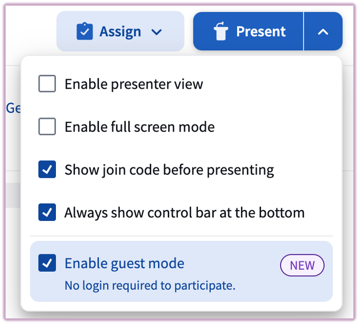 [The Present settings menu highlighting the Enable Guest Mode checkbox]