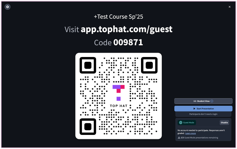 [The presentation launch screen showing the expanded QR code and join URL for guests]