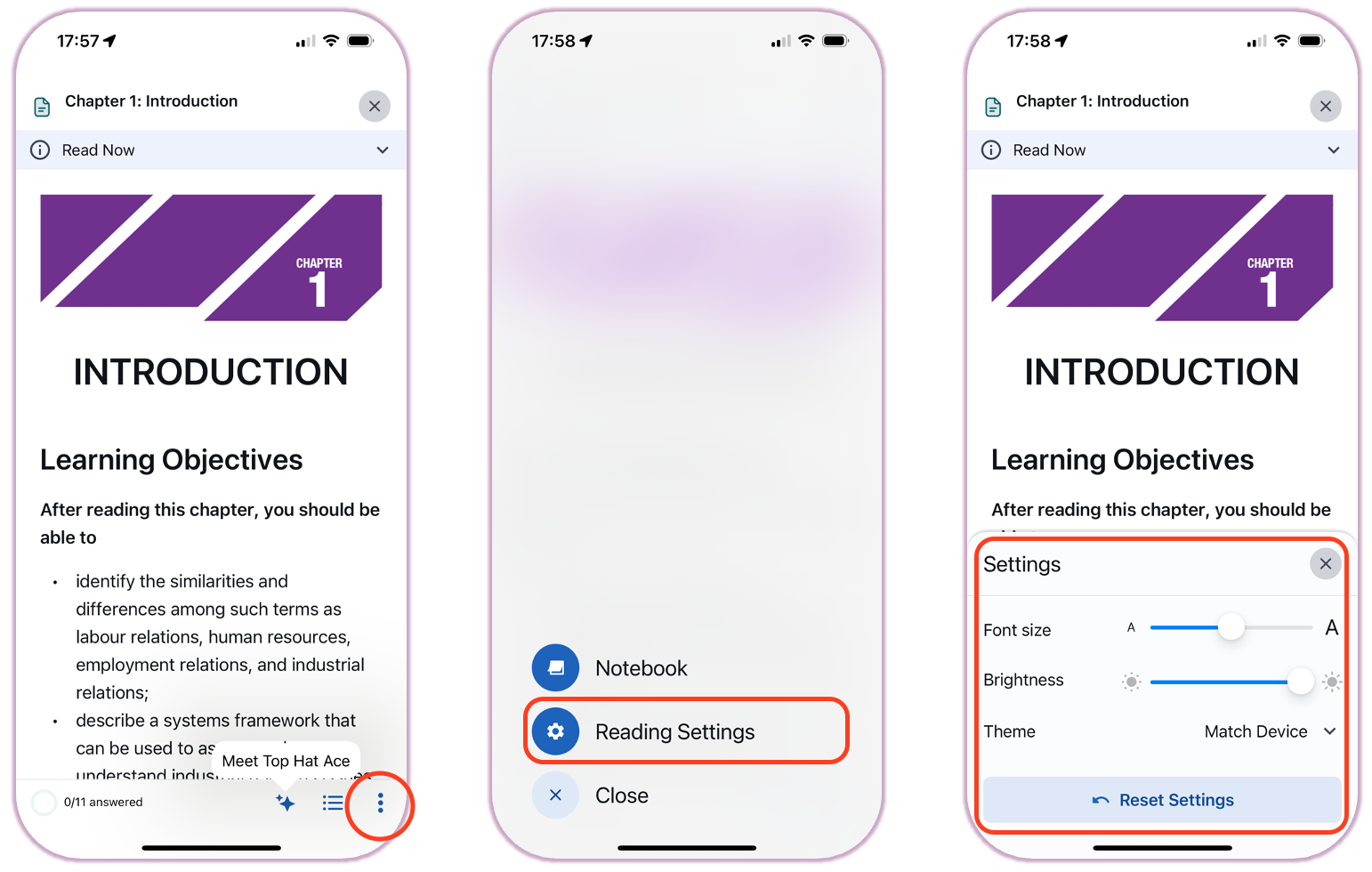 [Top Hat mobile app displaying the Reading Settings menu with font size, brightness, and theme options]