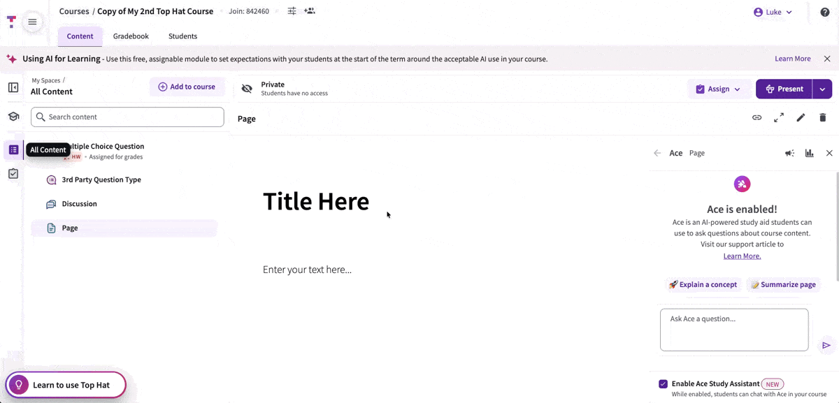 [Animation showing a user clicking the Assign button on an item within the Course Work space]