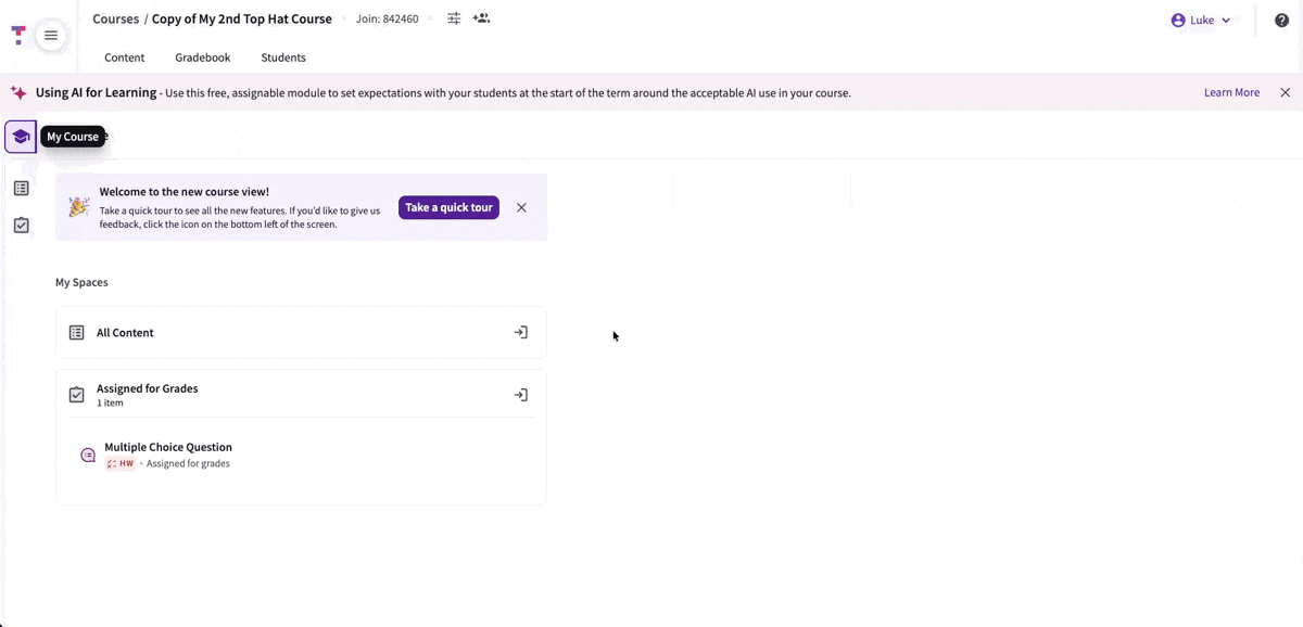 [Animation showing the user clicking through the My Course, Course Work, and Assigned for Grades tabs in the left-hand navigation menu]