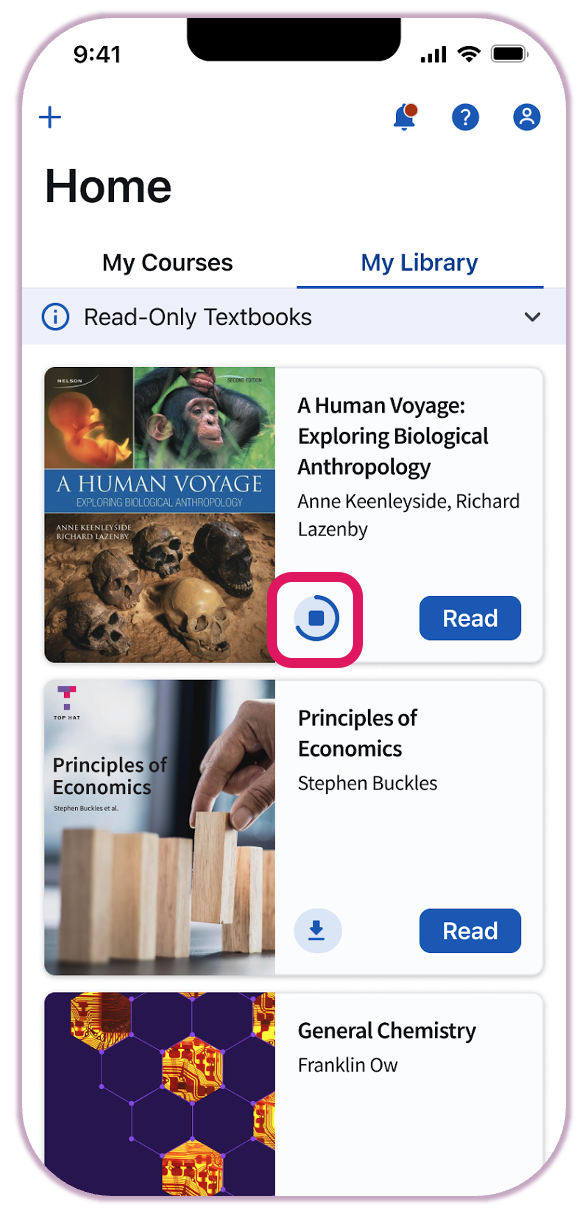 [My Library menu highlighting the square stop button while a download is in progress]
