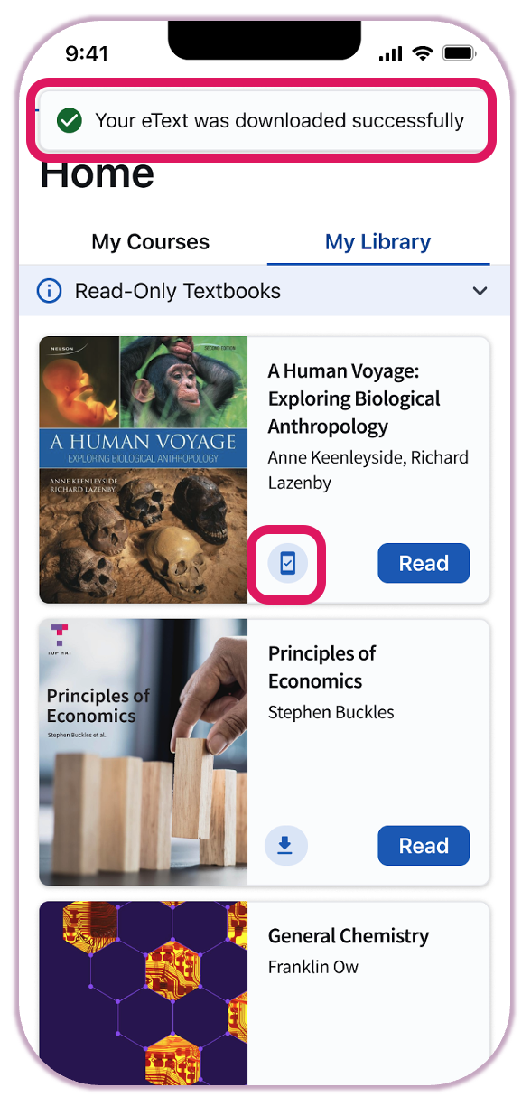 [Success banner showing the eText has been downloaded, alongside the check-marked mobile device icon]