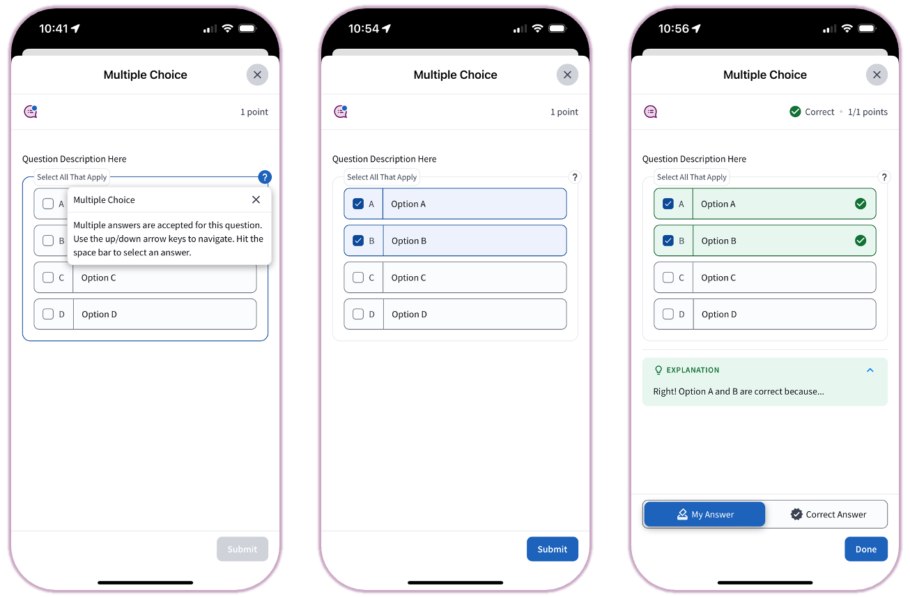 A multiple choice question interface with check boxes for multi-select questions.