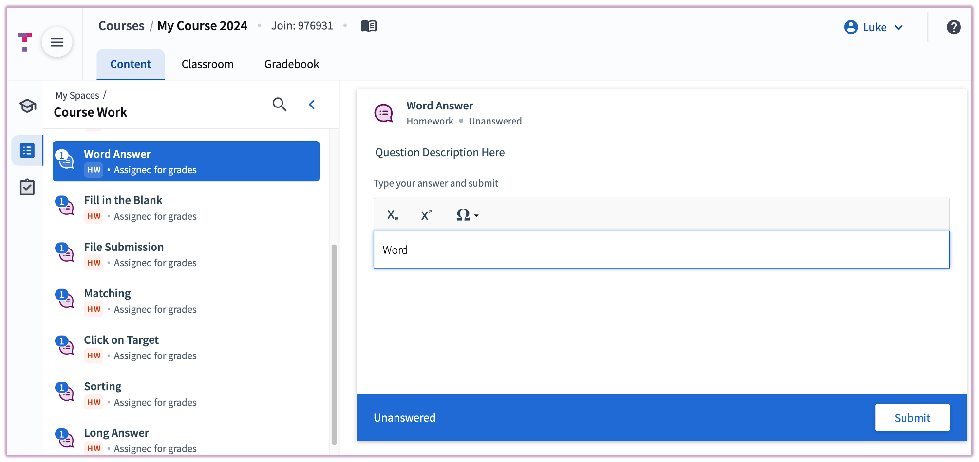A word answer question with a text input field for short typed responses.