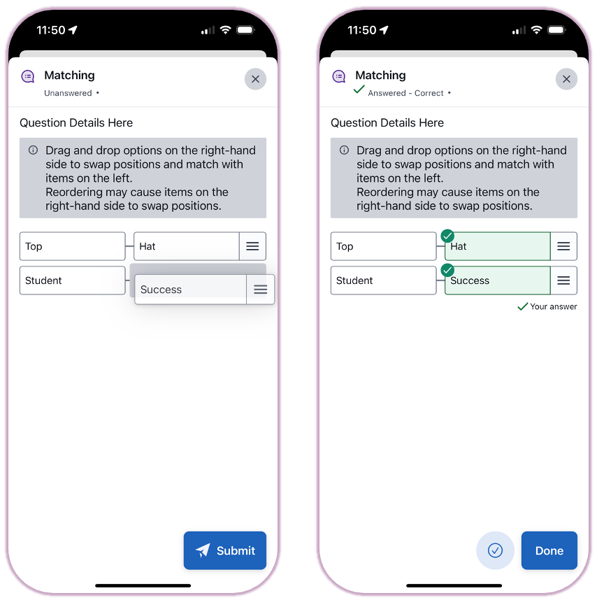 Two columns of items being connected via drag and drop.