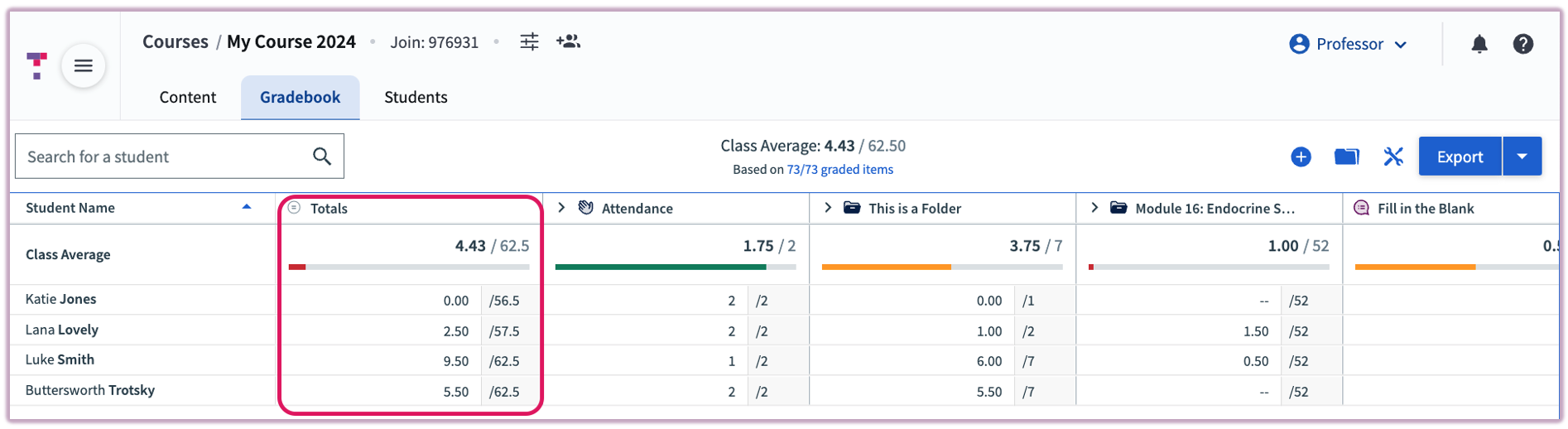 [The Gradebook grid highlighting the Student Totals column]