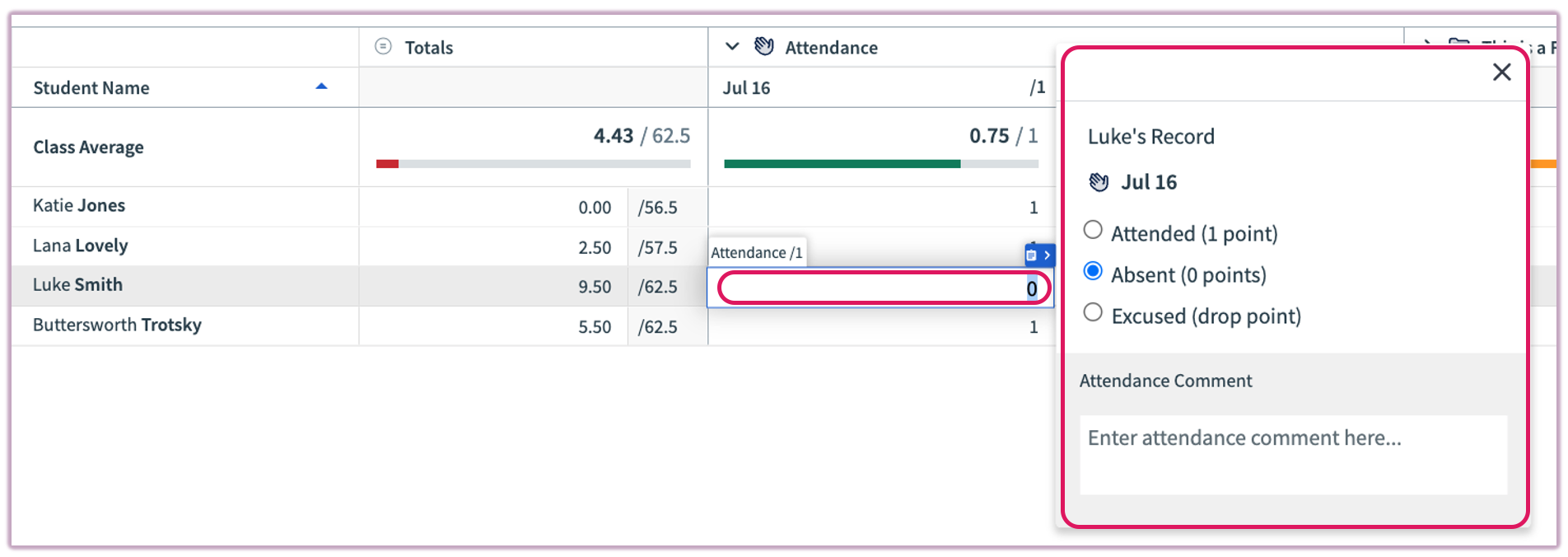 [Modal window showing options to edit a student's specific attendance record (Absent/Excused/Present)]