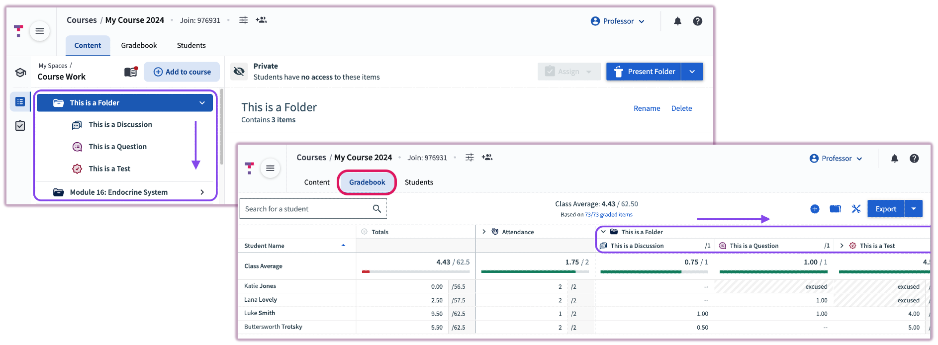[The Gradebook grid interface, highlighting the display order of graded content]