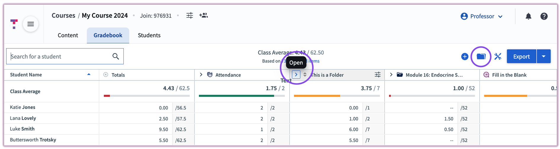 [Gradebook highlighting the option to open a folder to view nested content columns]