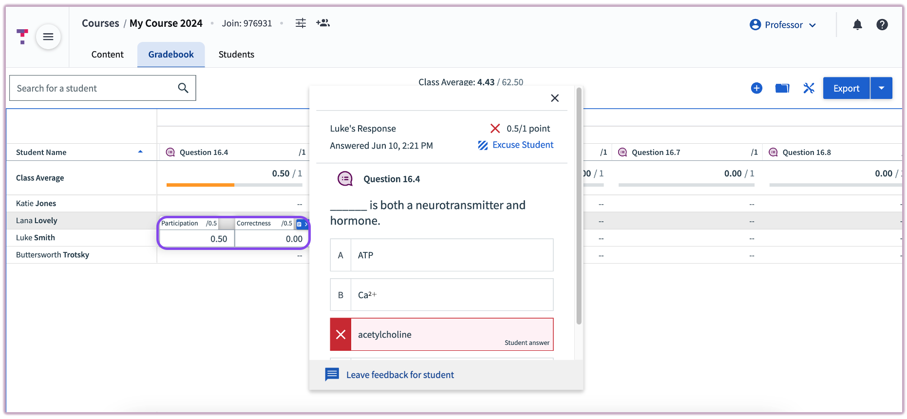 [Modal window displaying a student's answer and options to edit their grade]