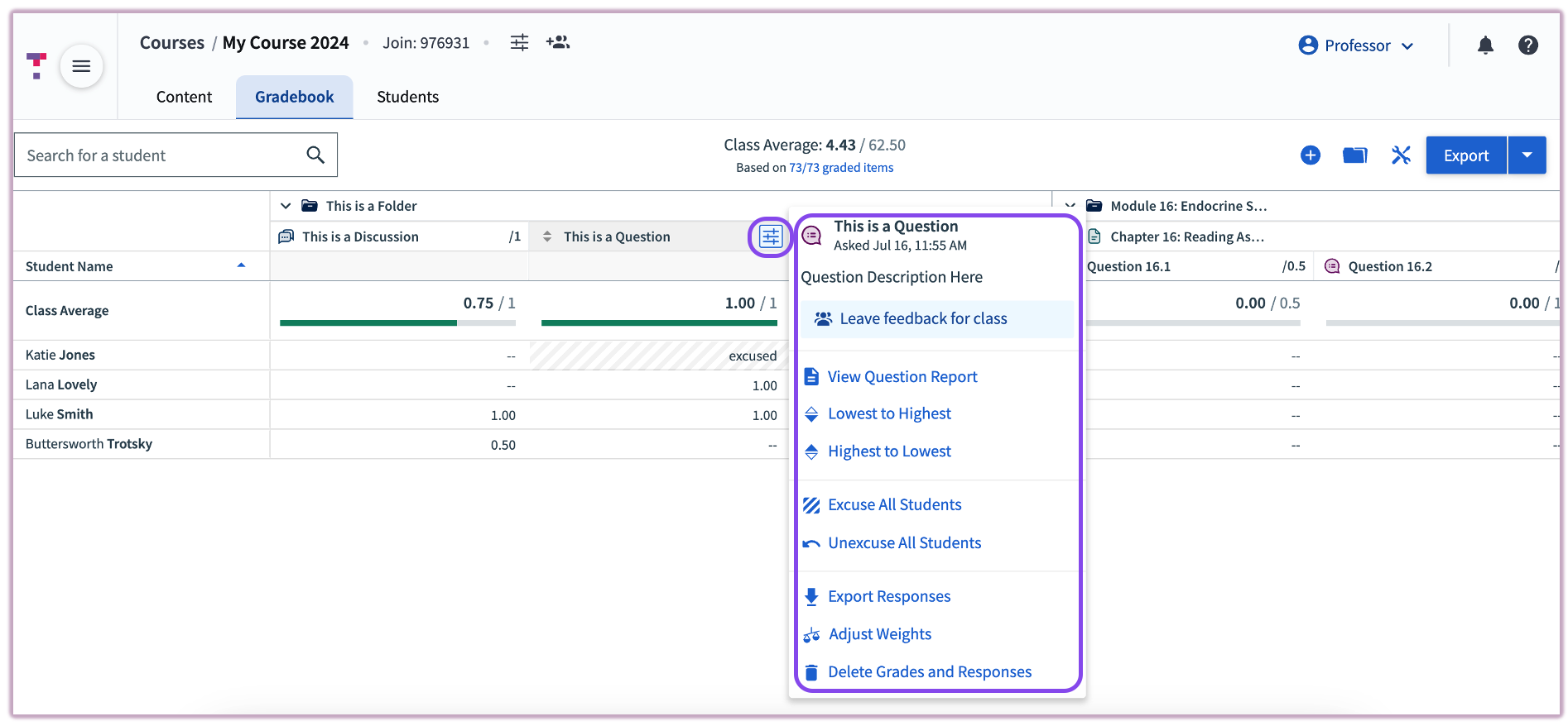 [Adjust Weights modal window allowing instructors to modify Correctness and Participation denominators]