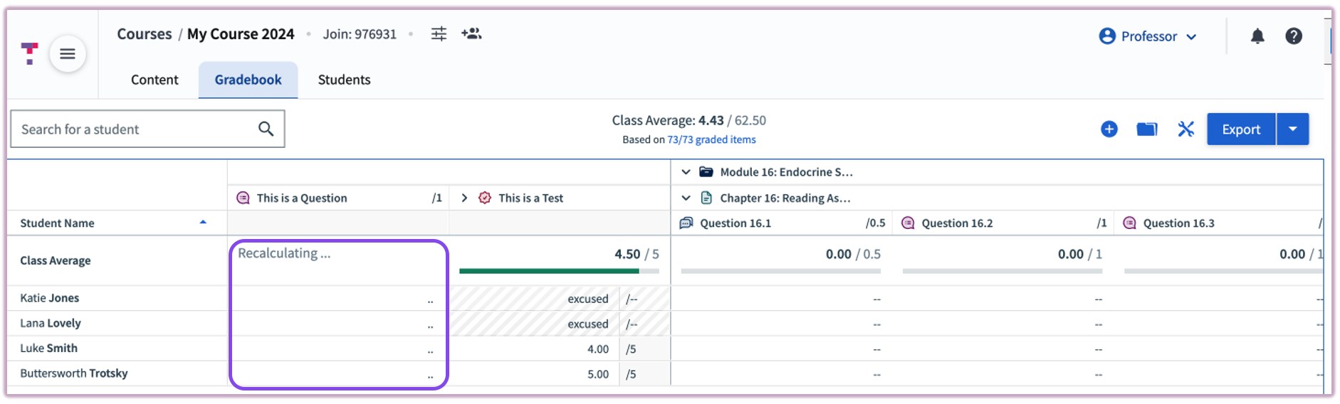 [Gradebook interface displaying a 'recalculating' loading banner]
