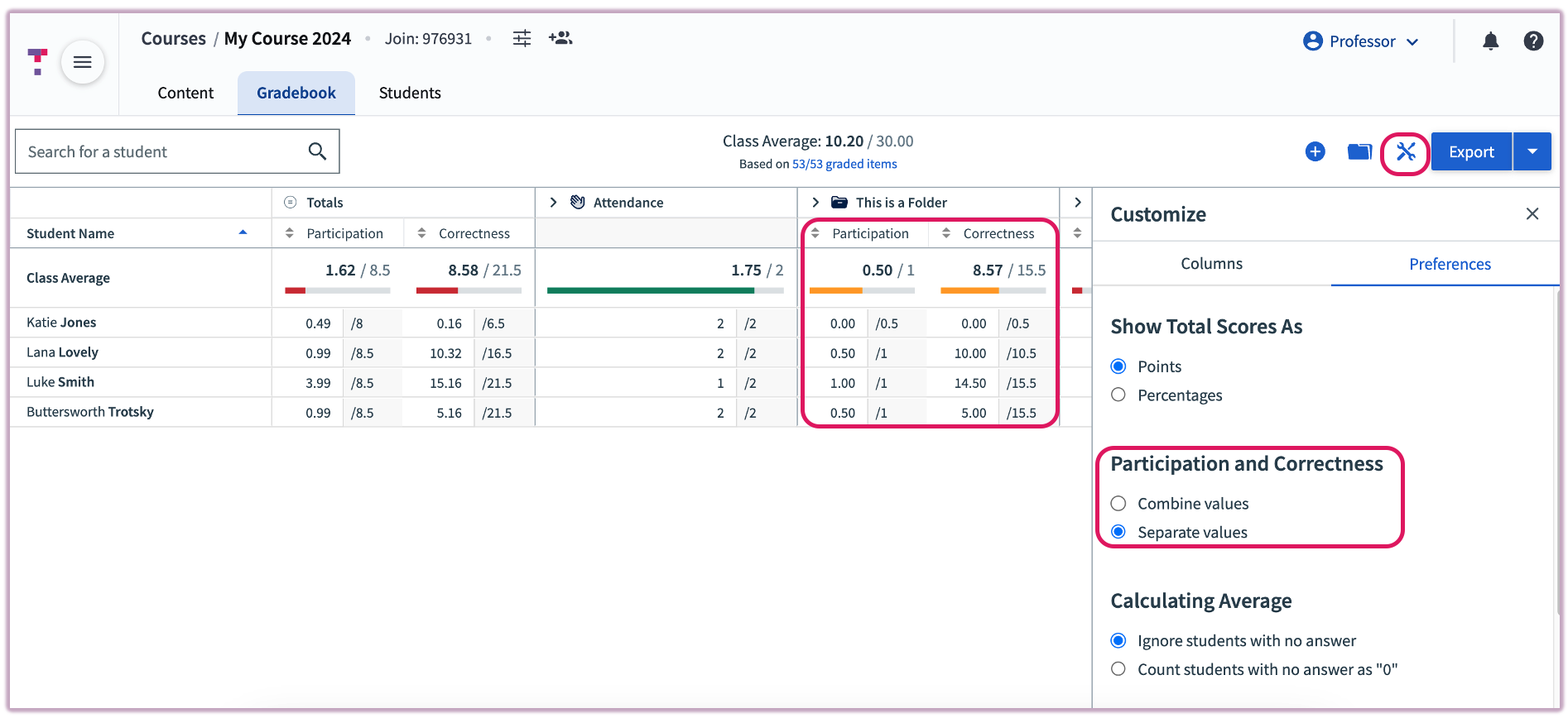[Gradebook Preferences Menu showing options to separate Participation and Correctness values]