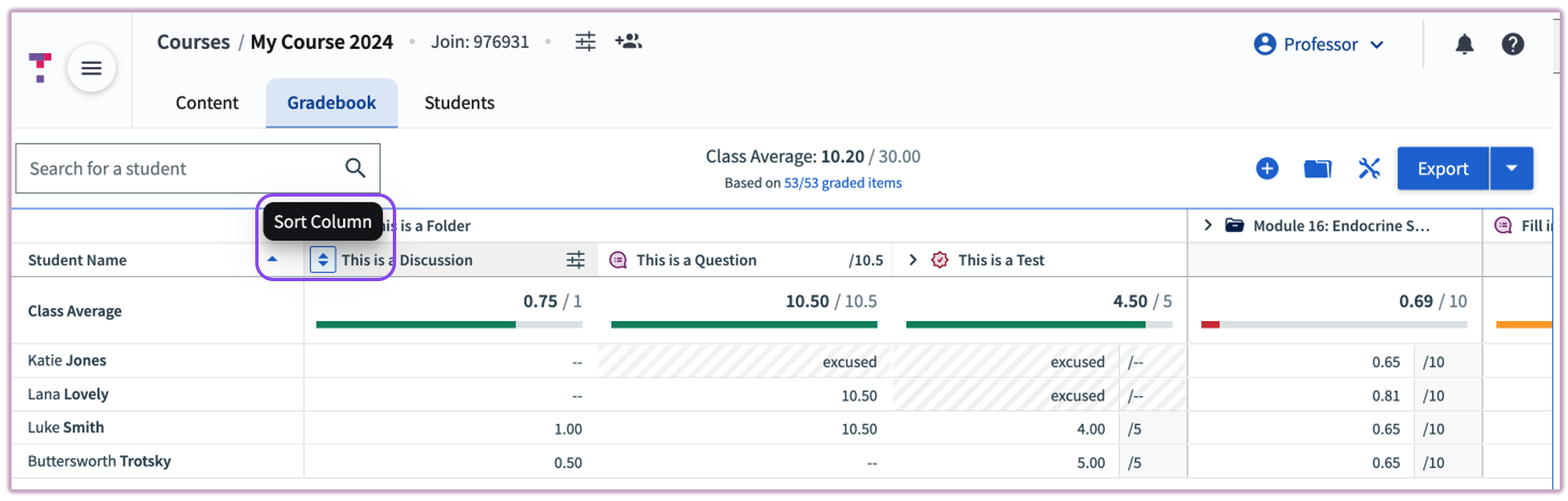 [Column menu highlighting the option to sort scores lowest to highest or highest to lowest]