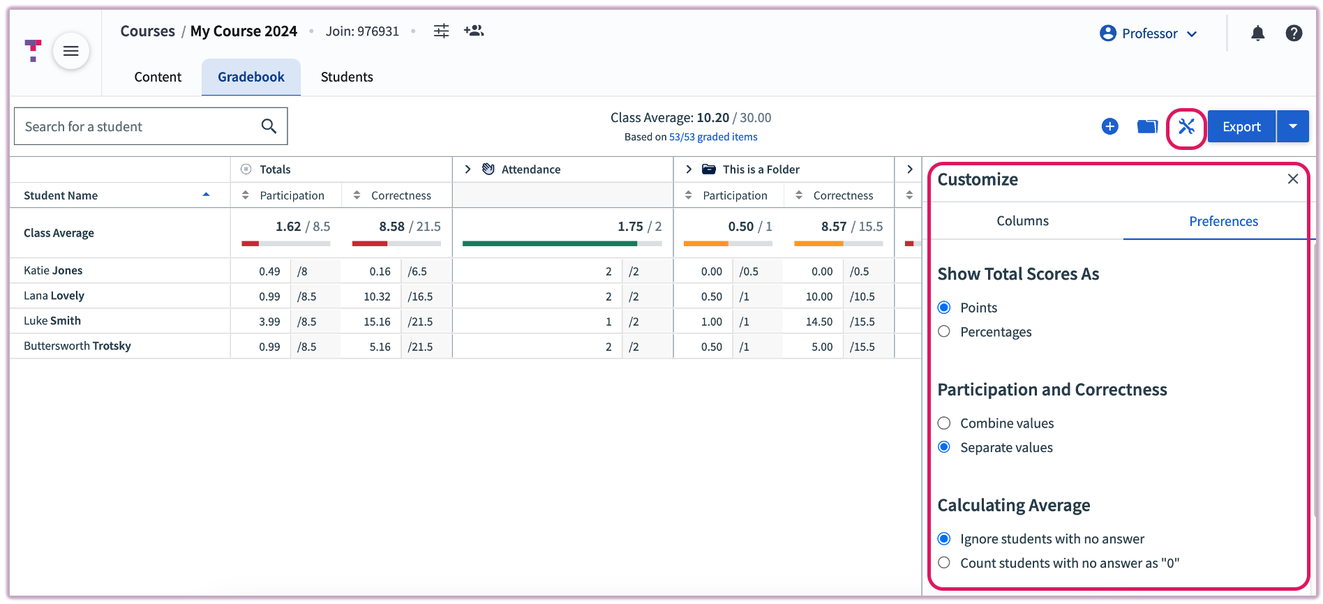 [Grade Display Preferences menu showing point values vs percentages options]